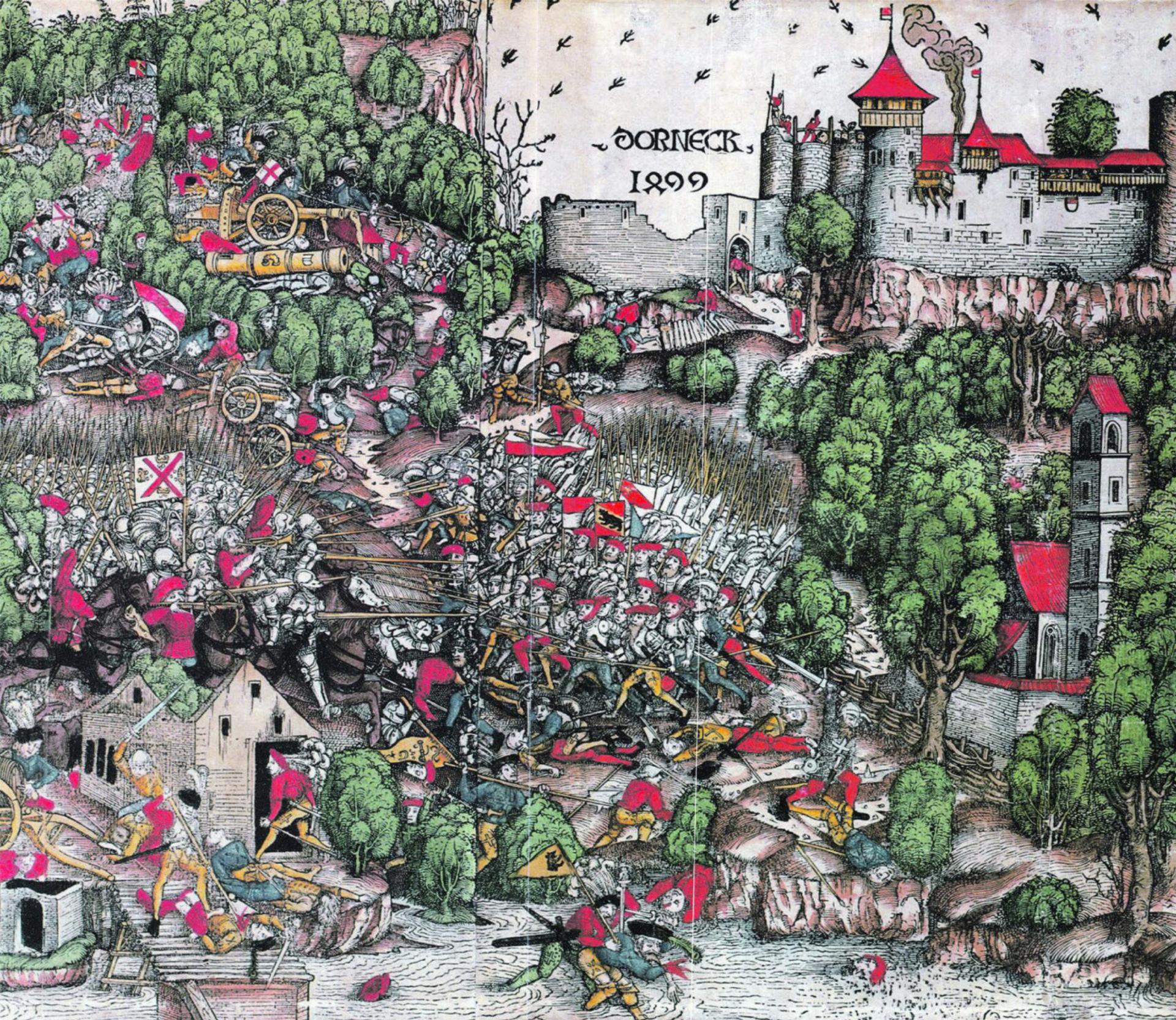 In der Schlacht bei Dornach am 22. Juli 1499 besiegten die Eidgenossen die Truppen des Schwäbischen Bundes. Zwei Monate später endete der Schwabenkrieg mit dem Frieden von Basel (Kolorierter Holzschnitt um 1500, Germanisches Nationalmuseum Nürnberg). Foto: zVg