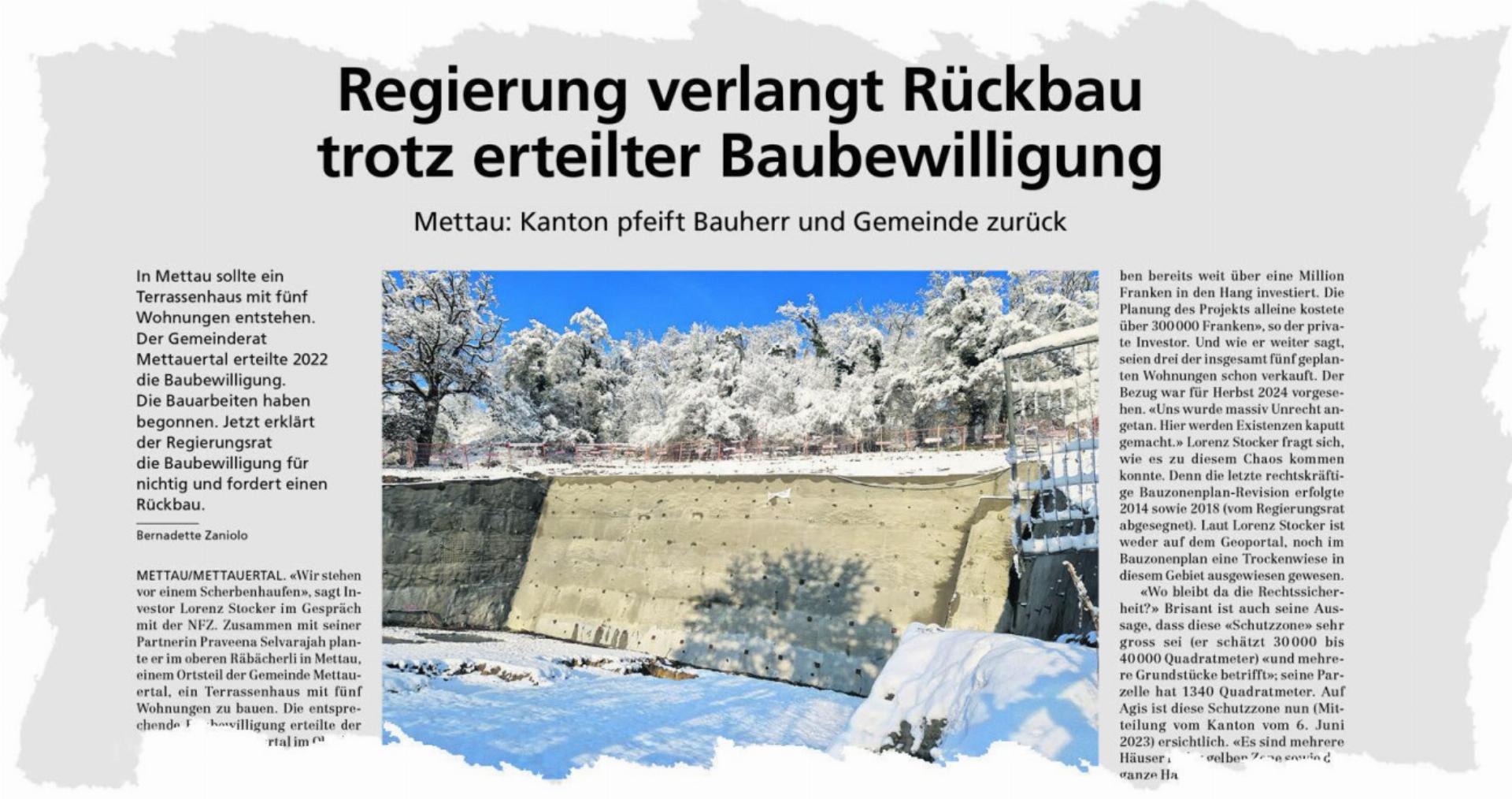 Der Baustopp im oberen Räbächerli in Mettau – Gemeinde Mettauertal – sorgt für viel Aufsehen. Foto: Ausriss NFZ vom 5. Dezember 2023