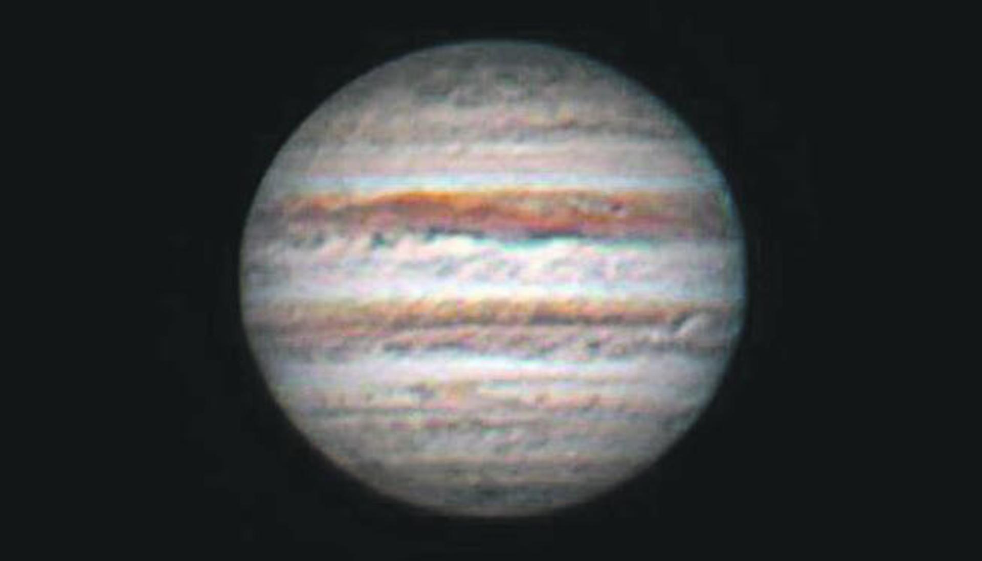 Jupiter am 9. März 2016 mit den Monden Europa und Io. Foto: Sternwarte Cheisacher