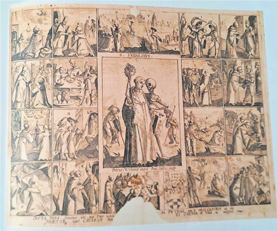 Einzig bekannter Ausdruck der Kupferplatte mit dem Leben des hl. Fridolin, eingebunden in einer Handschrift aus dem Kloster Amorbach bei Würzburg (D). Einzig bekannter Ausdruck der Kupferplatte mit dem Leben des hl. Fridolin, eingebunden in einer Handschrift aus dem Kloster Amorbach bei Würzburg (D).