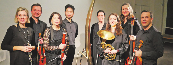 Das Ensemble Fiacorda mit (von links) Karin Dornbusch, Philippe Villafranca, Marie-Thérèse Yan, Gengpei Li, Naomi Lozano, Eda Paçaci, Gunta Abele und Teodor Dimitrov im Rehmann-Museum Foto: Michael Gottstein