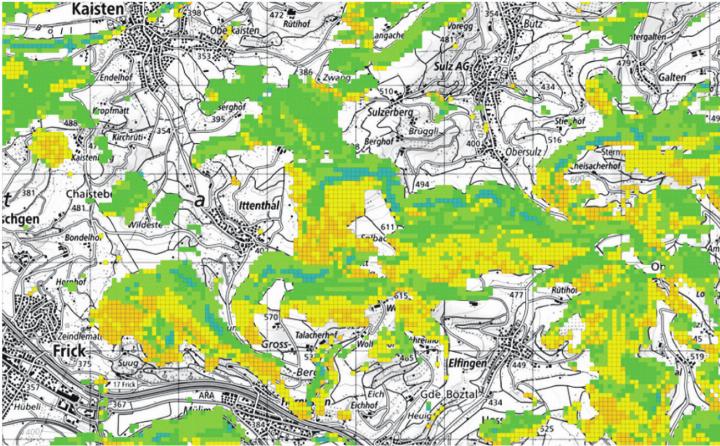 Mit Hilfe von Geodaten wurden Wälder identifiziert, die eine erhöhte Waldbrandgefahr aufweisen. Es sind vor allem steile Südlagen. Die modellierten Geodaten werden im AGIS-Viewer als Karten dargestellt. Grafik: zVg