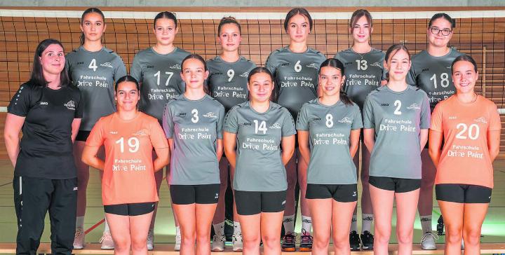 Die U18 freut sich auf ihr nächstes Heimspiel. Hinten von links: Blenda Xheladini, Chiara Maiorano, Amélie Leganyi, Aileen Wohlgemuth, Jessica Adler und Sara Nuredini. Vorne von links: Aline Bieri, Chiara Rizzo, Thea Frey, Ladina Bargetzi, Laura Costa, Janine Fleig und Dana Waldburger. Foto: zVg