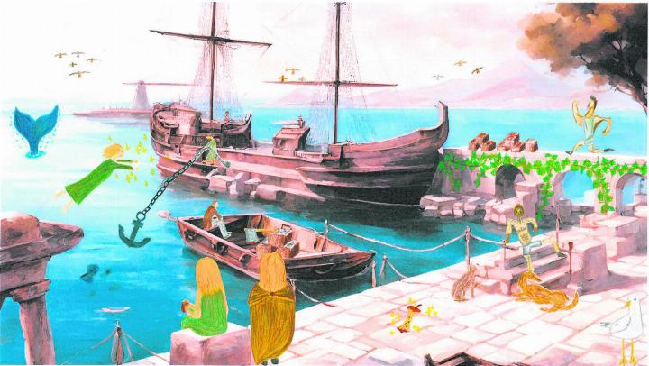 Als Aeneas zurück aufs Schiff geht und Karthago verlässt, nimmt das Unheil seinen Lauf. Mit KI erstelltes Bild, Schule Frick
