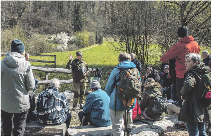 Gebannt lauschen die Exkursionsteilnehmerinnen und -teilnehmer Albi Wuhrmanns Ausführungen wie sich der Natur- und Vogelschutzverein Rheinfelden zum Schutz des Gebiets «Ängi» engagiert. Foto: zVg