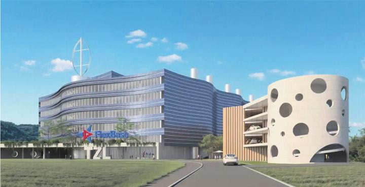 So sehen die Pläne für neue Parkhaus und Kantine (rechts) bei FlexBase aus. Visualisierung: zVg