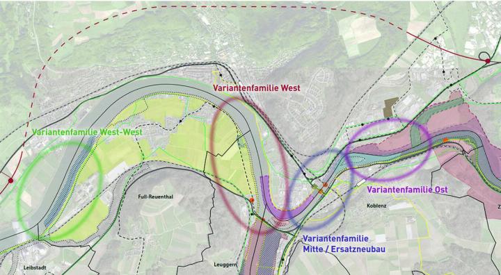 Von den vier Varianten einer neuen Rheinquerung bei Koblenz werden die Varianten Mitte und Ost favorisiert. Grafik: zVg
