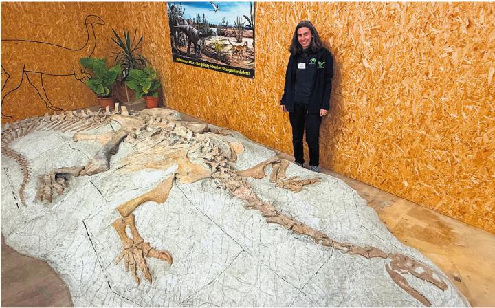 Museumsleiterin Andrea Oettl hinter dem Plateosaurier XL. Foto: Susanne Hörth Museumsleiterin Andrea Oettl hinter dem Plateosaurier XL. Foto: Susanne Hörth