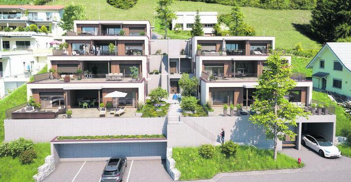 An schöner, sonniger Lage entstehen hier in Mettau sieben Terrassenhäuser. Der Bezug ist für Ende 2025 geplant. Visualisierung: zVg
