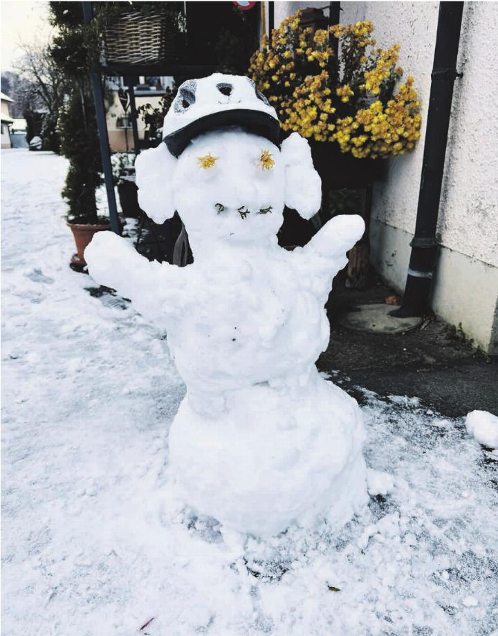 Der Schneefall von Freitag auf Samstag hat knapp gereicht: Ein mit Fahrradhelm versehener vergänglicher Einwohner im Unterdorf in Kaisten. Foto: jw