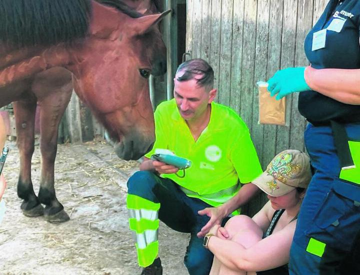 Die Tiere waren neugierig – und die Figuranten spielten gut mit. Die beiden Samaritervereine waren auf dem Hopfernhof zu Gast.