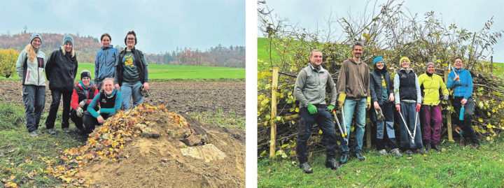 Die beiden Gruppen zeigen sich glücklich über ihre Bauwerke. Links der Steinhaufen und rechts der menschengrosse Asthaufen. Fotos: zVg