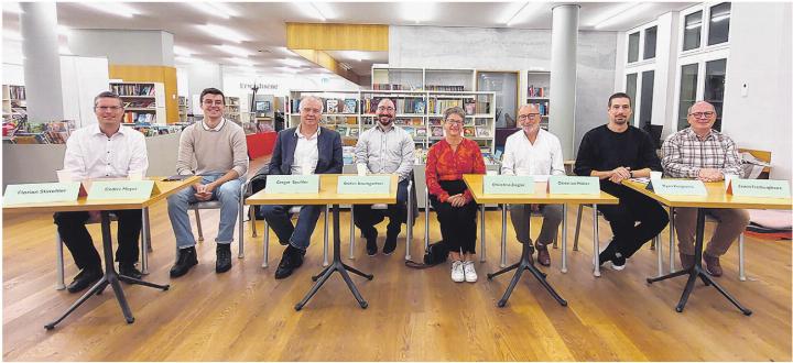 Die Kandidierenden für die GPFK Rheinfelden: Florian Stürchler (von links), Cedric Meyer, Gregor Spuhler, Stefan Baumgartner, Christine Ziegler, Christian Müller, Ryan Kougionis und Erwin Freiburghaus. Foto: zVg