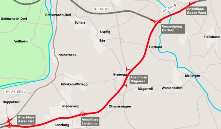 Der geplante Ausbau der A1 zwischen Aarau-Ost und Birrfeld dürfte nach heutigem Planungsstand rund sechs Jahre in Anspruch nehmen. Die Kosten für die Engpassbeseitigung und Instandsetzung sind mit rund 770 Millionen Franken veranschlagt. Grafik: zVg
