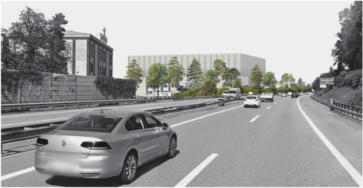 So soll sich der Neubau von der Autobahn aus präsentieren. Visualisierung: zVg