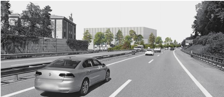 So soll sich das Hochregallager von der Autobahn aus präsentieren. Bislang sind zwei Einwendungen gegen das Projekt eingegangen. Visualisierung: zVg