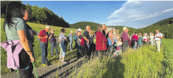 Urs Frei führte eine grosse Gruppe erst durch und dann um Effingen und machte die Geschichte des Dorfes und dessen Bewohner mit seinen Erzählungen erlebbar. Foto: Vreni Weber