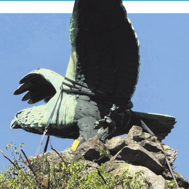 LESERFOTO - «Haben die Angst, dass der wegfliegen könnte», fragte ein Mädchen mit Blick zum angegurteten Adler in badisch Laufenburg. Foto: Susanne Hörth