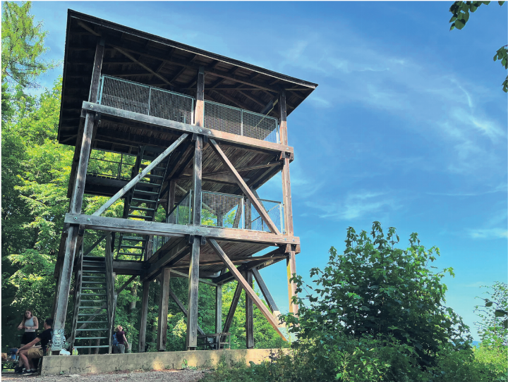 2006 ist der Eigenturm erstellt worden, 2025 wurde er aufgefrischt. Die Aussicht geht weit ins Land, doch zuvor gilt es den steilen Aufstieg zu bewältigen. Fotos: Valentin Zumsteg 2006 ist der Eigenturm erstellt worden, 2025 wurde er aufgefrischt. Die Aussicht geht weit ins Land, doch zuvor gilt es den steilen Aufstieg zu bewältigen. Fotos: Valentin Zumsteg