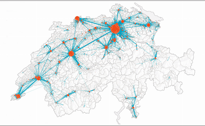 Die grossen Arbeitsplatzmagnete ausserhalb des Kantons sind für den Aargau die Städte Zürich und Basel.    Quelle: Pendlerströme zwischen den Gemeinden, Bundesamt für Statistik