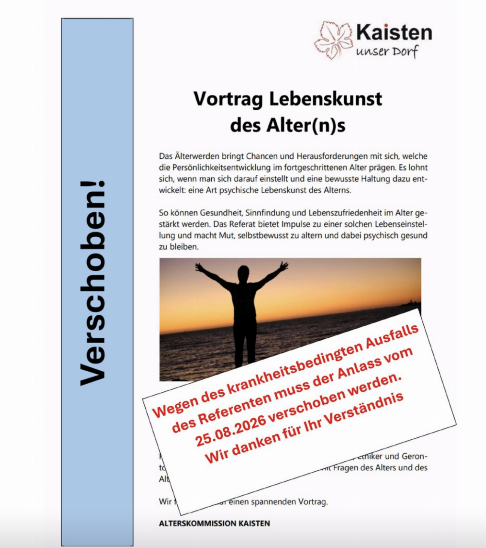 Kaisten: Vortrag Lebenskunst des Alter(n)s abgesagt - Das Bild wird blockiert. – Möglicherweise durch einen aktiven Adblocker.